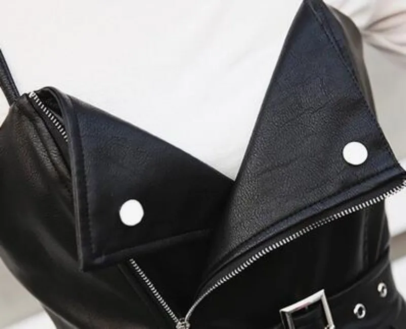 Осень Зима корейский Slim Fit женские платья из искусственной кожи Высокая талия без рукавов Спагетти ремень мото Байкер средней длины платья