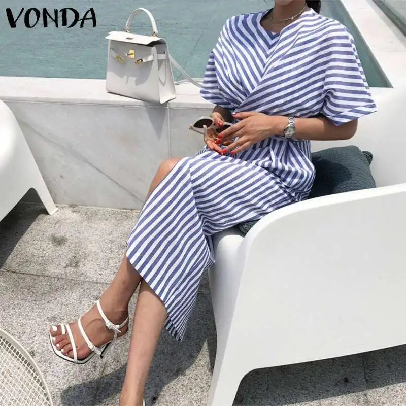VONDA Elegant Striped Dress Women Casual O Neck Short Sleeve Mid-Calf Dresses Bohemian Beach Sundress Plus Size Loose Vestidos VONDA Elegant Striped Dress Women Casual O Neck Short Sleeve Mid-Calf Dresses Bohemian Beach Sundress Plus Size Loose Vestidos