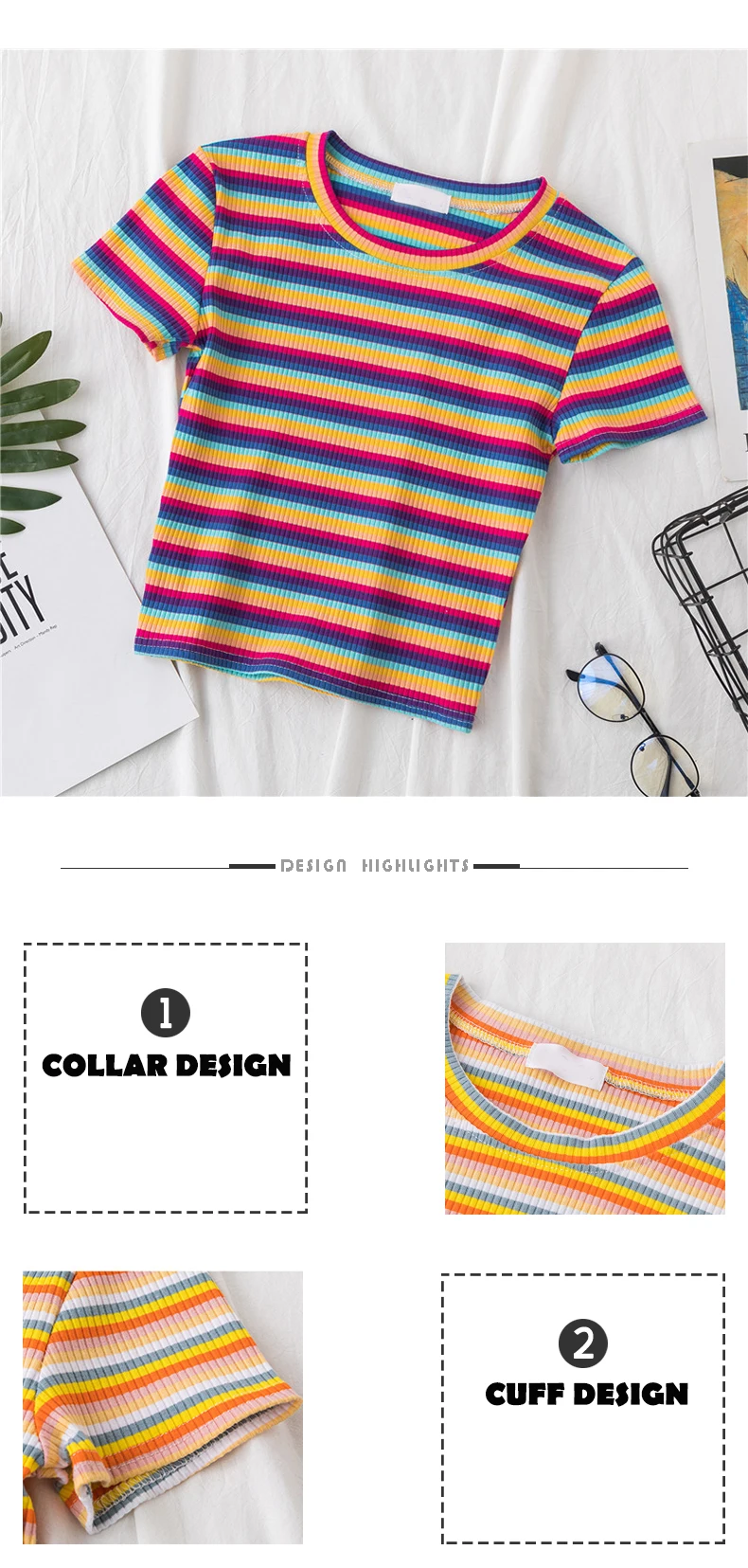 T-Shirt Women cotton Rainbow Striped Tops Harajuku Tshirt Summer Short Sleeve Navel Skinny stitching Korean Punk crop top woman