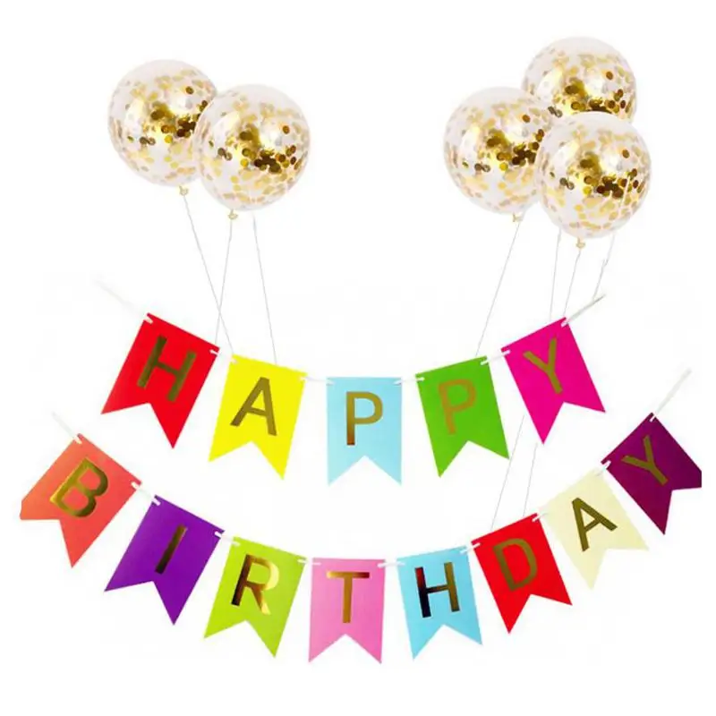 1pc Ten Style 5 Balloons And Pull Flag Ribbon Set Birthday Holiday Party Decoration Supplies Paper Banner Tassel Birthday Set