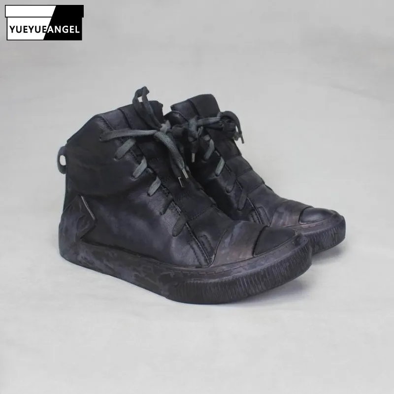 

Ботильоны мужские из воловьей кожи, винтажные безопасные ботинки на шнуровке, высокие кроссовки, плоская подошва, ручная работа