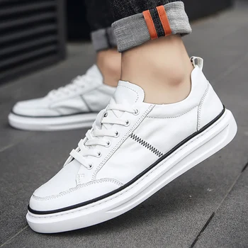 

Spring New Men Casual Cow Leather Shoes Breathable Wear Resistant Shoes Comfortable Summer White Round Toe Lace up Flat Sneakers