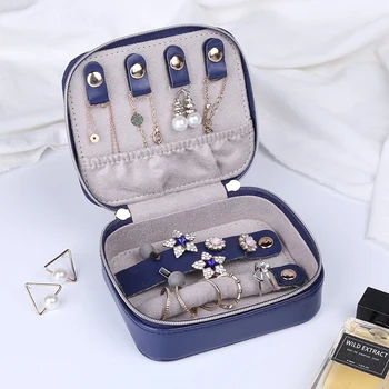 

Portable Travel Small Jewelry Box Storage Box Velvet PU Leather Zipper Jewelry Box Blue