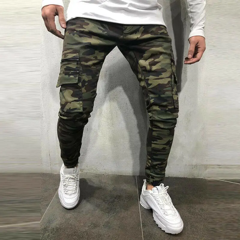 Mens Camo Skinny Biker Jeans Cargo 