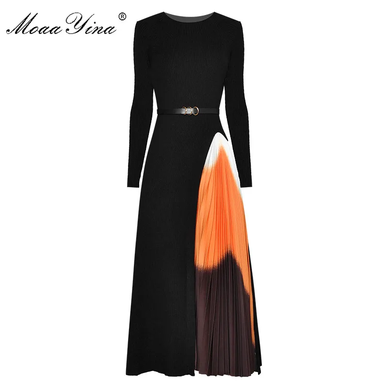 Dress Spring Moaayina Long-Sleeve Patchwork Fashion-Designer Autumn Sashes Knitting