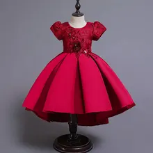 Сатиновое Новогоднее платье принцессы с цветочной аппликацией для девочек; кружевное праздничное платье-пачка со шлейфом и рукавами-крылышками; костюм K2-1771