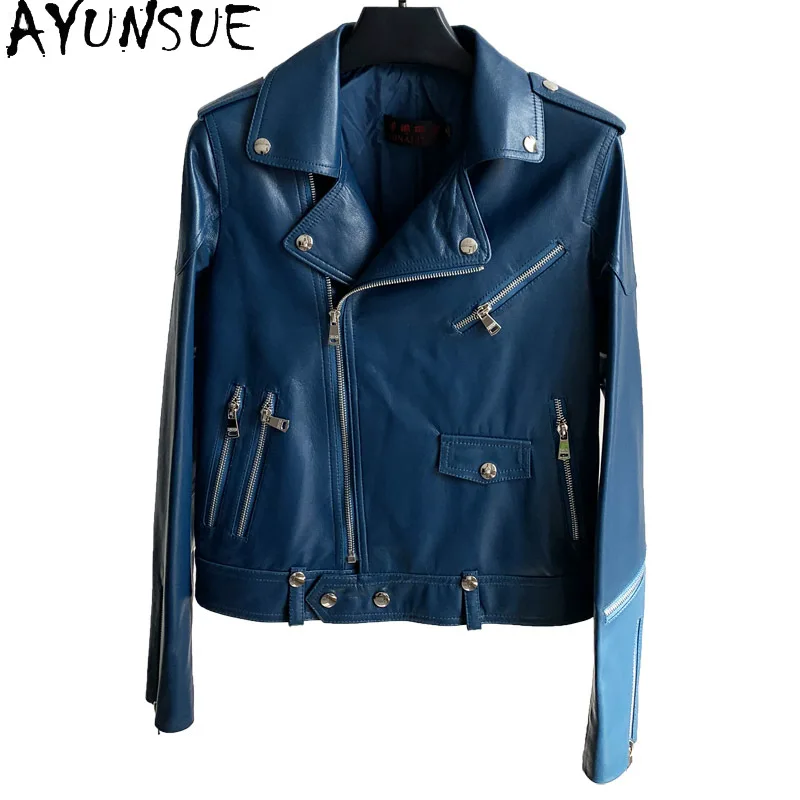 AYUNSUE Fashion 2021 Genuine Leather Jacket Women Short Motorcycle Sheepskin Coat Female Spring Autumn Clothes Mujer Chaqueta 89