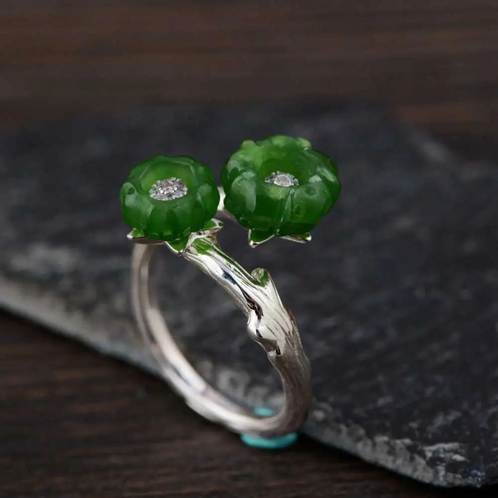 

FNJ 925 Silver Ring for Women Jewelry 100% Original Pure S925 Silver Sterling Rings Flower Natural Hetian Jade Green Stone