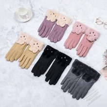 Зимние перчатки сенсорный экран для женщин велосипедные теплые уличные перчатки женские кроличий узор полный палец замша ткань зимние перчатки леди