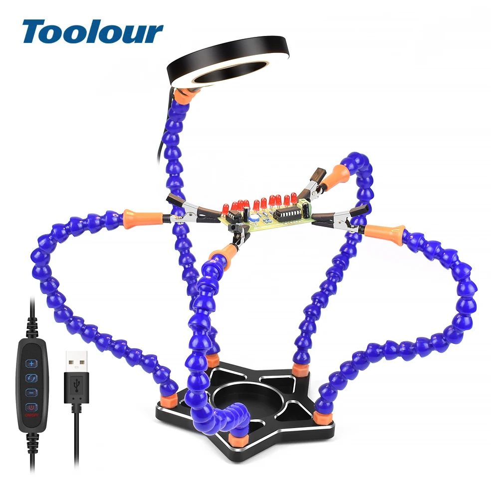 Toolour 5PC Flexible Arms Soldering Helping Hands 3X Magnifying Glass Table Lamp Alligator Clip Station DIY Stand Welding Tool
