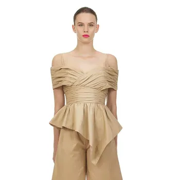 

2020 New Casual Asymmetircal Women Shirt Square Collar Short Sleeve Spaghetti Strap High Waist Irregular Hem Blouses Female