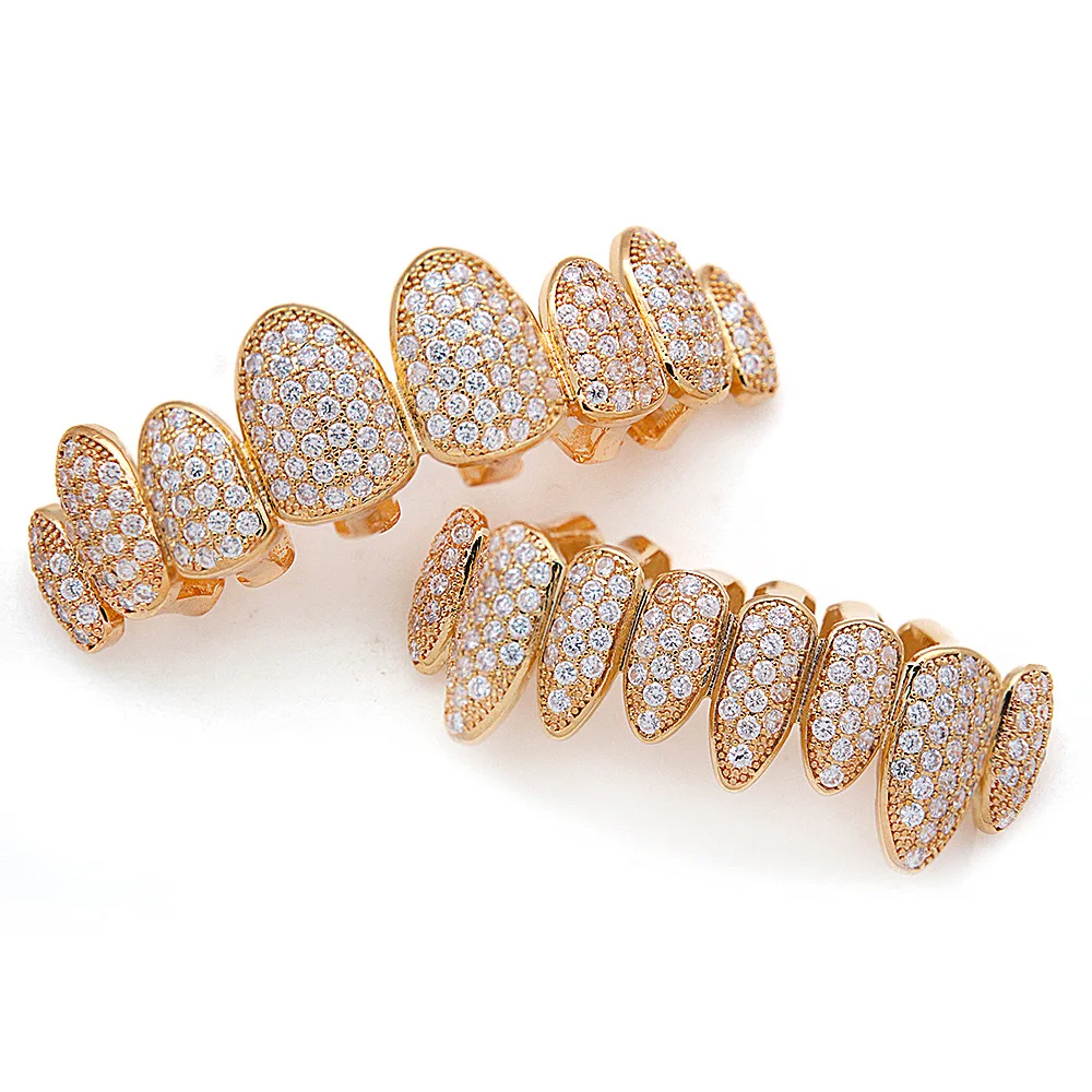 LuReen Iced Out Grillz Vampire Fangs Grillz Top Bottom Gold Teeth Hip Hop Tooth Caps CZ Crystal Bling Grillz Rapper Jewelry
