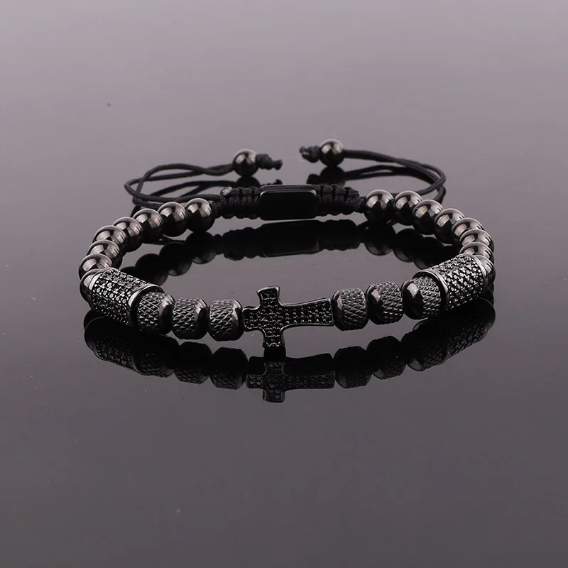 New Design Cross Bracelet Men Jewelry Gold Plated Stainless Steel Beaded CZ Pave Charm Macrame Adjustable Bracelet Men - Image 4