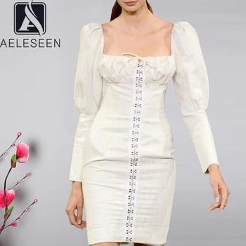 

AELESSEN Runway Fashion 100% Cotton Dress 2020 Spring Summer Long Sleeve Yellow Black White Slash Neck Covered Button Mini Dress