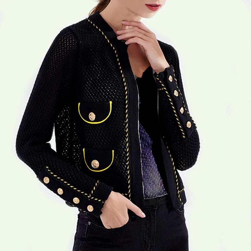 Women's Long Sleeve Golden Button Knitted Outerwear Jacket 2020 Spring New Hollow Out Gold Weave Trim Cardigan Sweater Coat |
