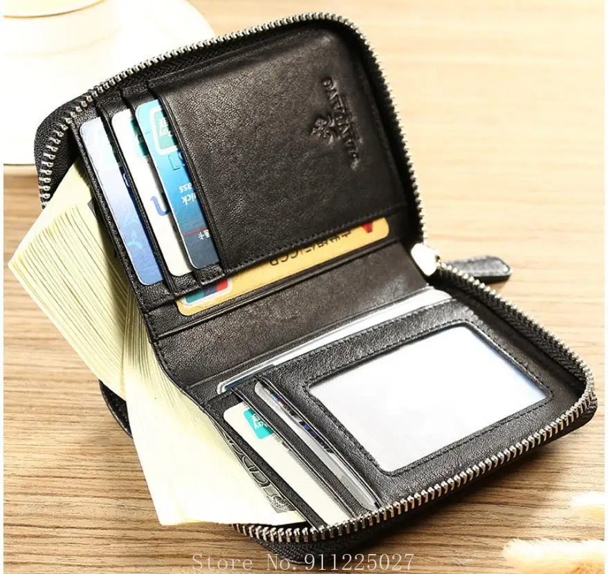 

Genuine Leather Men Wallets Large Capacity Bifold Wallet Zipper Top Cowhide Vertical Card Holders Purse Bifold