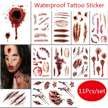 

11PCS Waterproof Temporary Tattoo Sticker Halloween Terror Wound Realistic Blood Injury Scar Fake Tattoo Sticker