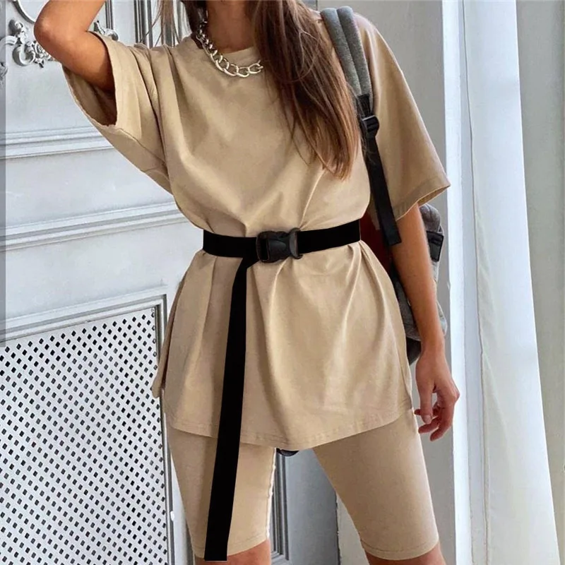 2020 New Casual Solid Women's Two Piece Suit with Belt Solid Color Home Loose Sports Fashion Leisure Suit Summer Clothing