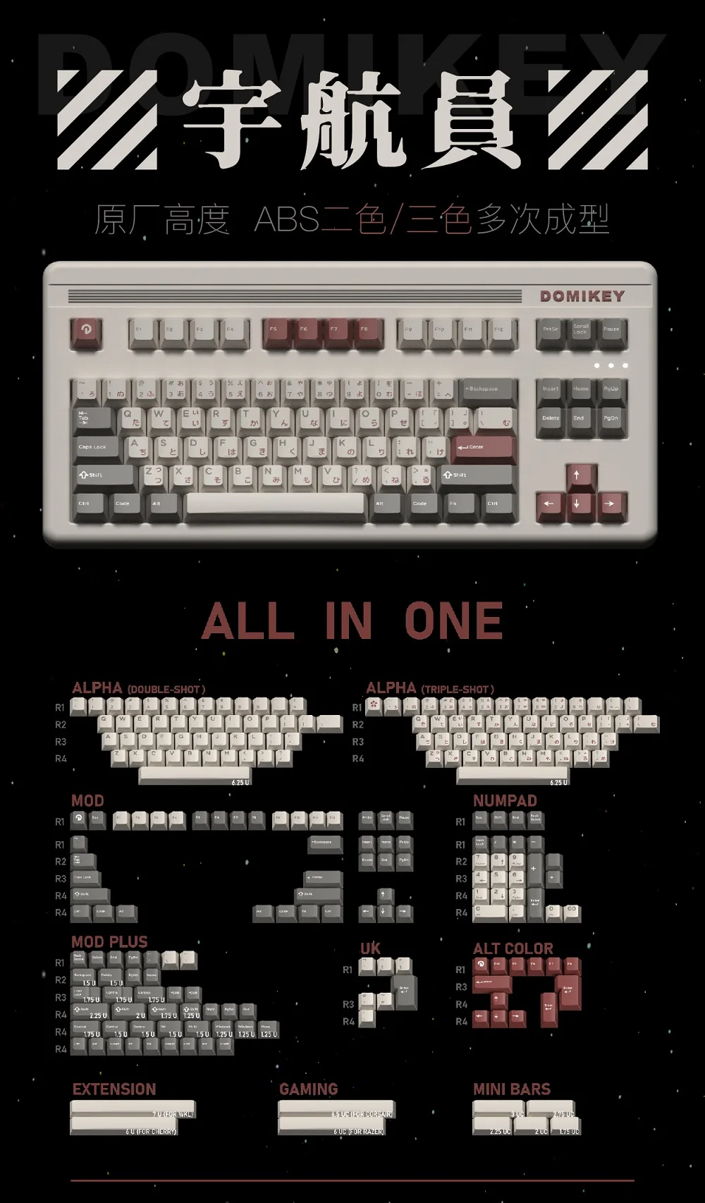 domikey astronauta cereja perfil abs doubleshot keycap para mx stem teclado poker