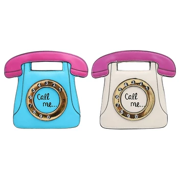 

FGGS-2pcs Telephone Shaped Women Retro Cross Body Bag PU Leather Clutch Purse Chain Bag - White-Pink & Blue-Pink