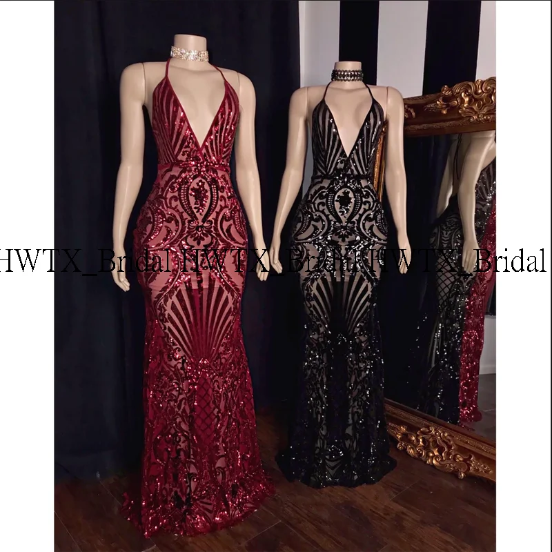 

Long Sexy Mermaid Prom Dresses 2020 V-neck Backless Burgundy Black Sequin African Girl Gala Prom Dress Party Graduation Gowns