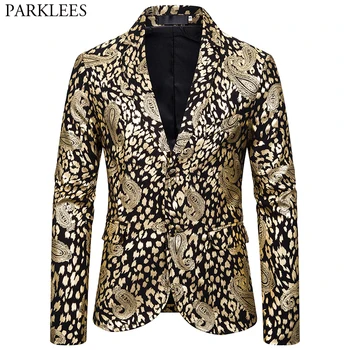 

Gold Paisley Printed Blazer Jacket Men 2019 Nightclub Party Stylish Blazers Mens Costume Homme Stage Prom Clothing for Singers