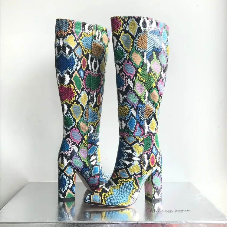 

Snake Print Leather Winter Boots Womens Knee High Boots Pointed Toe Block High Heels Long Boots Black Beige Brown Boots Shoes