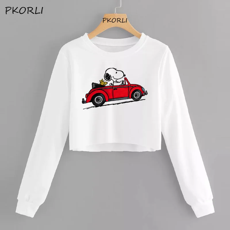 22 Snoopy/укороченная Толстовка для женщин с длинным рукавом, толстовка с капюшоном, повседневные пуловеры, футболки с надписью, толстовки - Цвет: 22