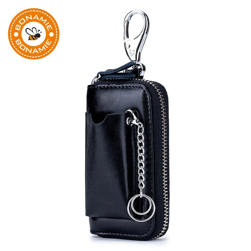 

BONAMIE Genuine Leather Key Holder With Keychain For Men Women Fashion Key Pouch Car Cowhide Creative Zipper Key Wallet Case