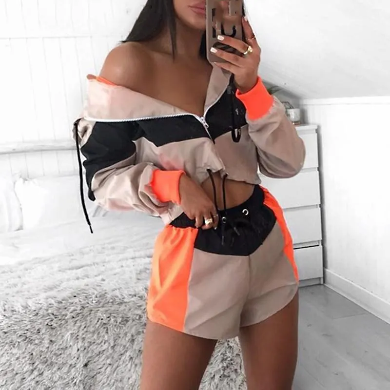 

Contrast Color 2 Piece Playsuit Women Overalls Fall Short Sweatshirt Female Zipper Sexy Drawstring Hoody Jumpsuit