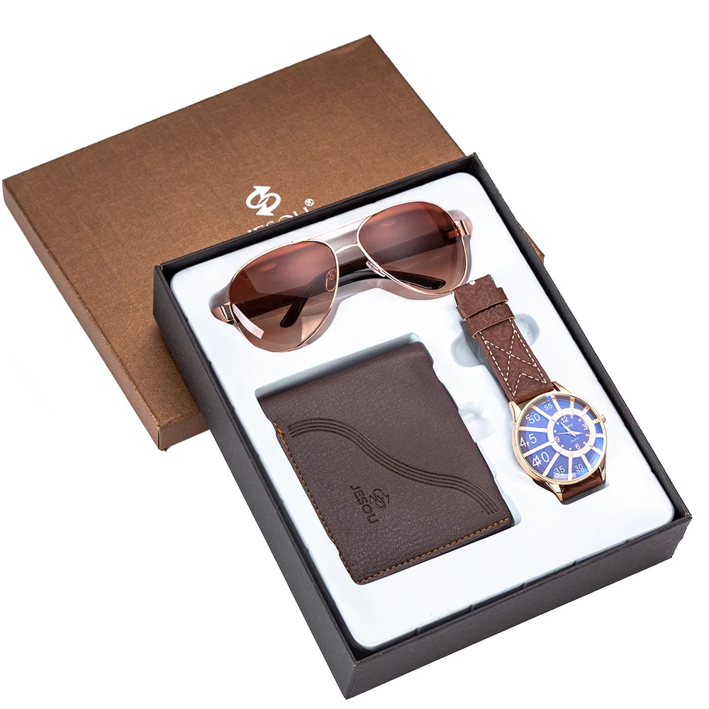 Mens Watches Minimalist Quartz Wrist Watch Card Holder Watches Sungalsses Men Gift Set Watch for Dad Husband Boy friend - Цвет: Brown blue Sets