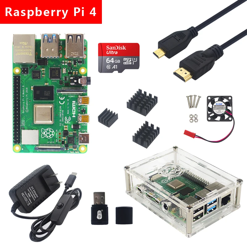 

Raspberry Pi 4 Model B Kit 2G/4G RAM+Acrylic Case+Cooling Fan+Heatsink+Power Plug+Micro HDMI+32/64G SD Card for Raspberry Pi 4