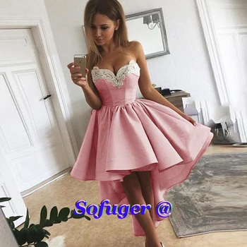 

16 High Low Pearls Satin Homecoming Dresses Tiered Sweetheart Appliques Cocktail Prom Robes de SoirÃ©e Party Dresses