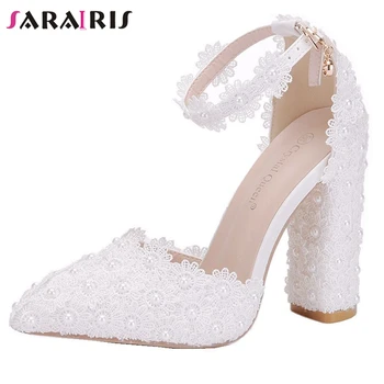 

SARAIRIS Female Elegant Pointed Toe Sandals Sexy High Thin Heels Bridal Sandals Women Sweet Pearl Chains Shoes Woman