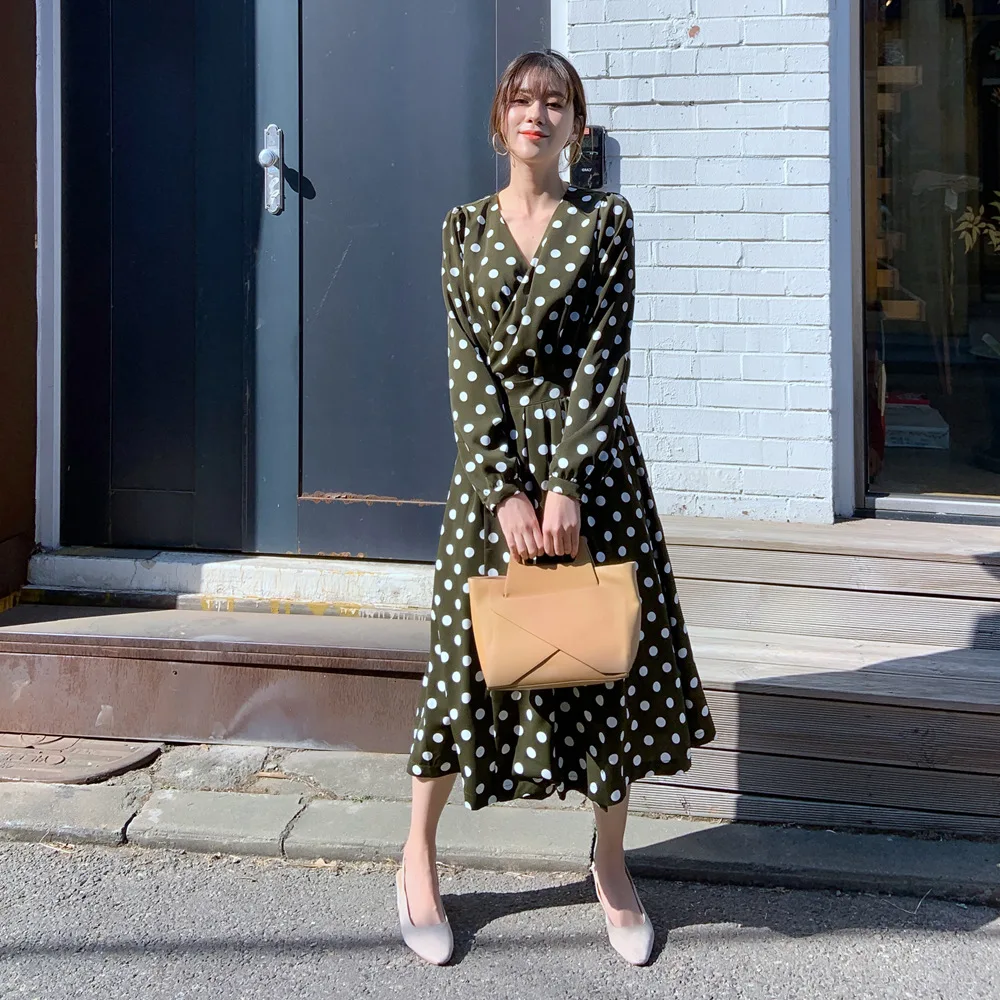 

Photo Shoot 2019 Spring New Style Korean-style WOMEN'S Wear-Style Retro CHIC Sexy V-neck Waist Hugging Polka Dot Dress