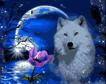

Moonlight white wolf Animal DIY Drawing Painting by Numbers Lage Size Picture on Wall Decoration Children Gift 40x50 50x65cm