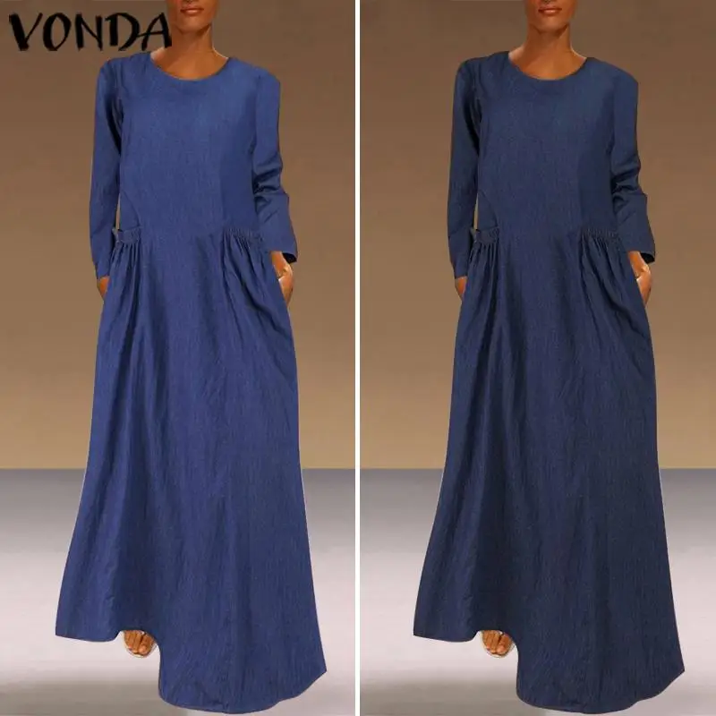 

VONDA Autumn Long Sleeve Maternity Solid Dress Bohemian Party Maxi Dresses Casual O Neck Beach Sundress Femme Robe 5XL Vestidos