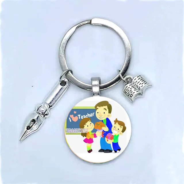 Fashion New Dear Teacher Round Glass Keychain Handmade DIY Book Pen Decoration Pendant Keychain Teacher'S Day Gift Souvenir 16