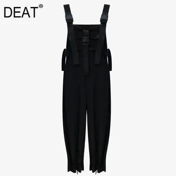 

DEAT 2020 New Spring Summer Fashion Street Style Solid Black Big Pocket Loose Leg Straps Conjoined Trousers Women SB599