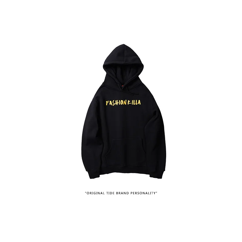 velvet hooded printed hoodie men korean style loose harajuku pullover couple clothing streetwear cotton sweatshirts men hop hip - Color: Black