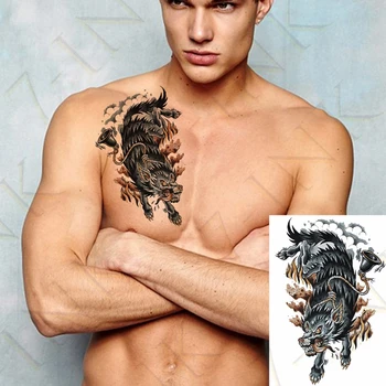 

Waterproof Temporary Tattoo Sticker Beast Wolf Bells Fire Totem Art Water Transfer Fake Tatoo Flash Tatto for Men Women