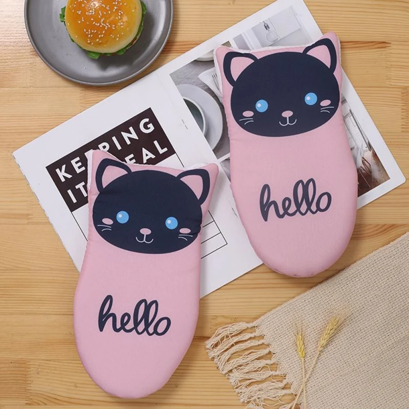 1 Pair Cartoon Animal Cat Paws Oven Mitts Heat Resistant Non-slip Long Microwave Gloves Cotton Kitchen Baking Insulation Gloves