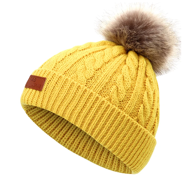 new fashion solid color children's knit beanie Kids Brand Boys girls Winter pompom casual hat Baby Toddler Soft cap warm - Цвет: Yellow