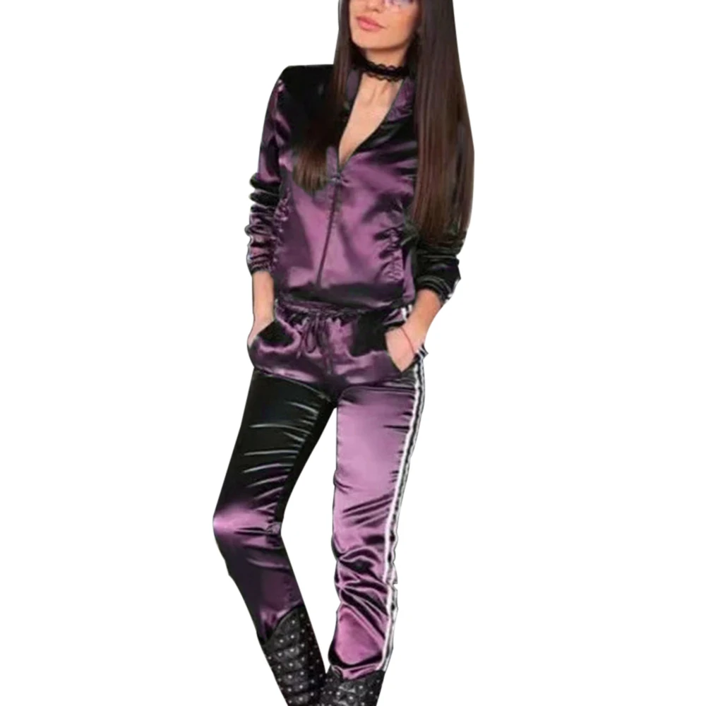 Осень, повседневный женский спортивный костюм, комплект из 2 предметов, топ и штаны, сатиновый полосатый пэчворк, на молнии, сексуальный свитшот, спортивный костюм - Цвет: purple