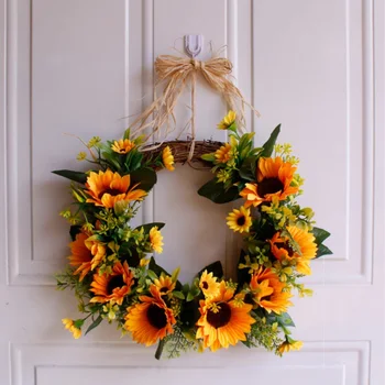 

Artificial Sunflower Rattan Wreath Garland Green Leaves door decoration Window Wall Hanging flower wreath farmhouse home decor