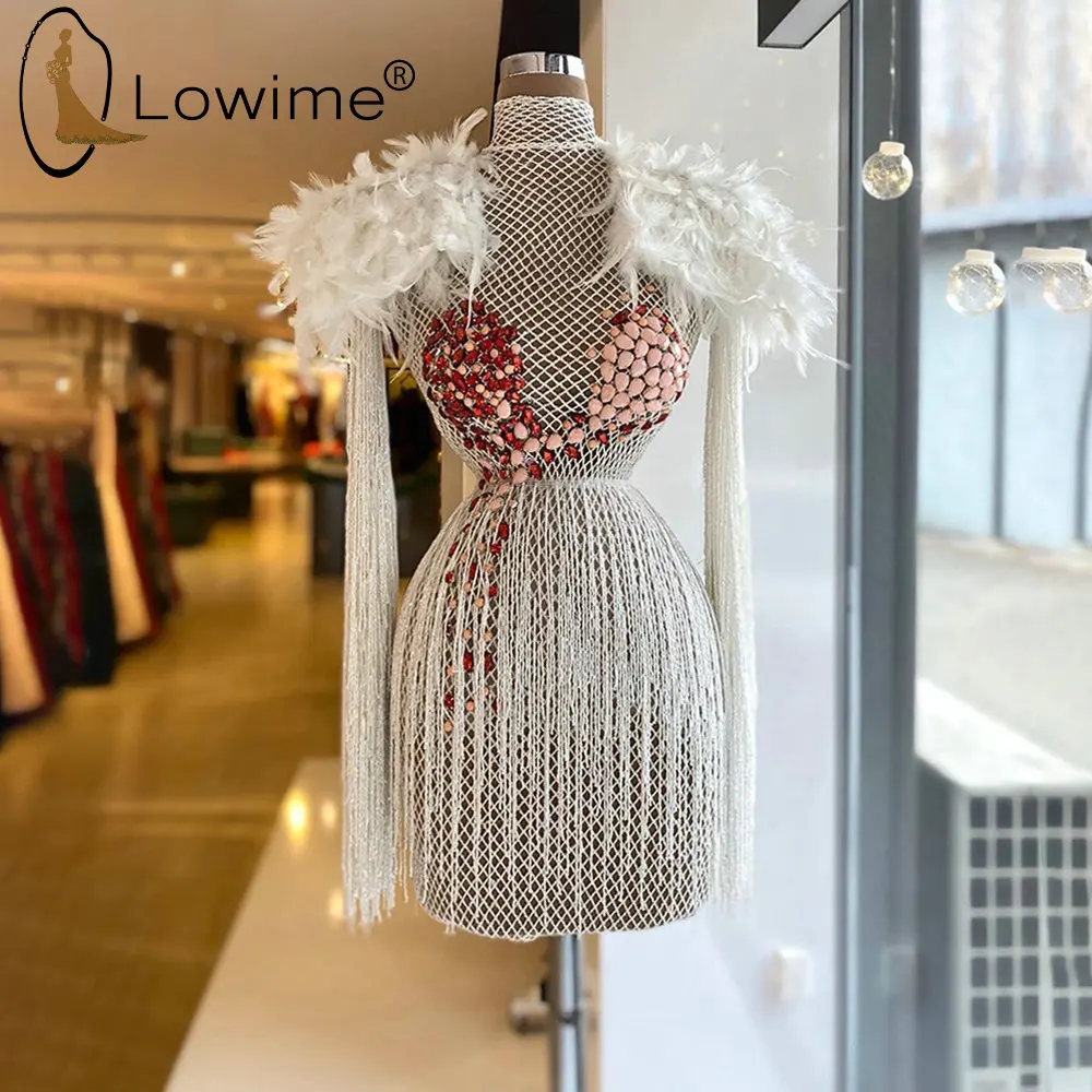

Dubai Beading Tassels Long Sleeve Prom Dresses Kaftans Muslim High Neck Prom Gowns Feathers Party Dresses