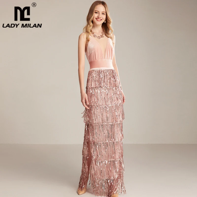 

Women's Runway Dresses Sexy V Neck Velvet Patchwork Sequined Tiered Tassels Side Split Elegant Long Party Prom