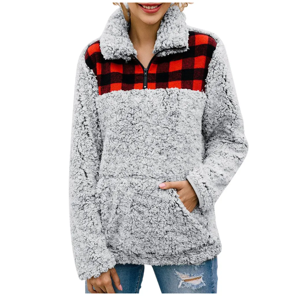 Hoodies Women 2019 Patchwork Plaid Zipper stand neck furry Harajuku Streetwear Hoodie Hoodies And Sweatshirts Women Pullovers