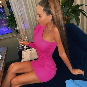 

Sexy Women Dress One Shoulder Skew Collar Bodycon Dress Women Puff Sleeve Club Party Mini Dress Slim Short Dresses 3Colors