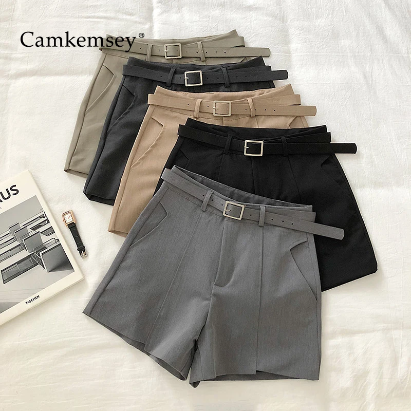 

CamKemsey Autumn Casual Solid Wide Leg Shorts Women Spring Korean Chic Office Lady High Waist Suits Shorts With Belt 5 Color